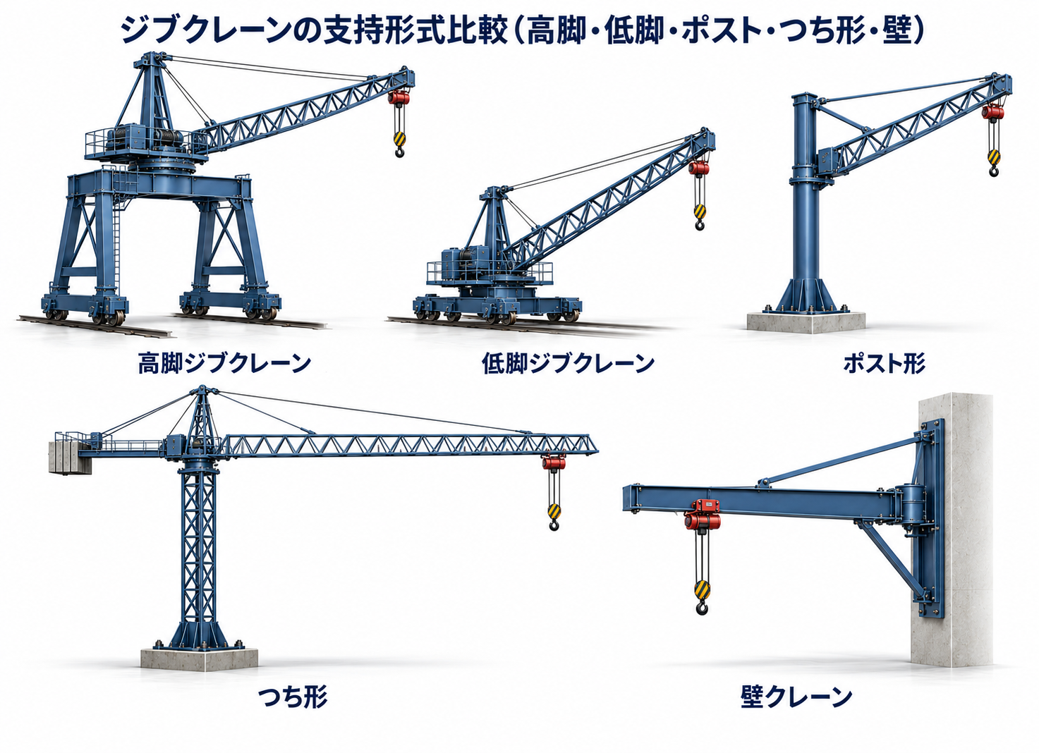 高脚・低脚・ポスト形・つち形・壁クレーン。ジブだけでなく、下から何が支えるかを見る。