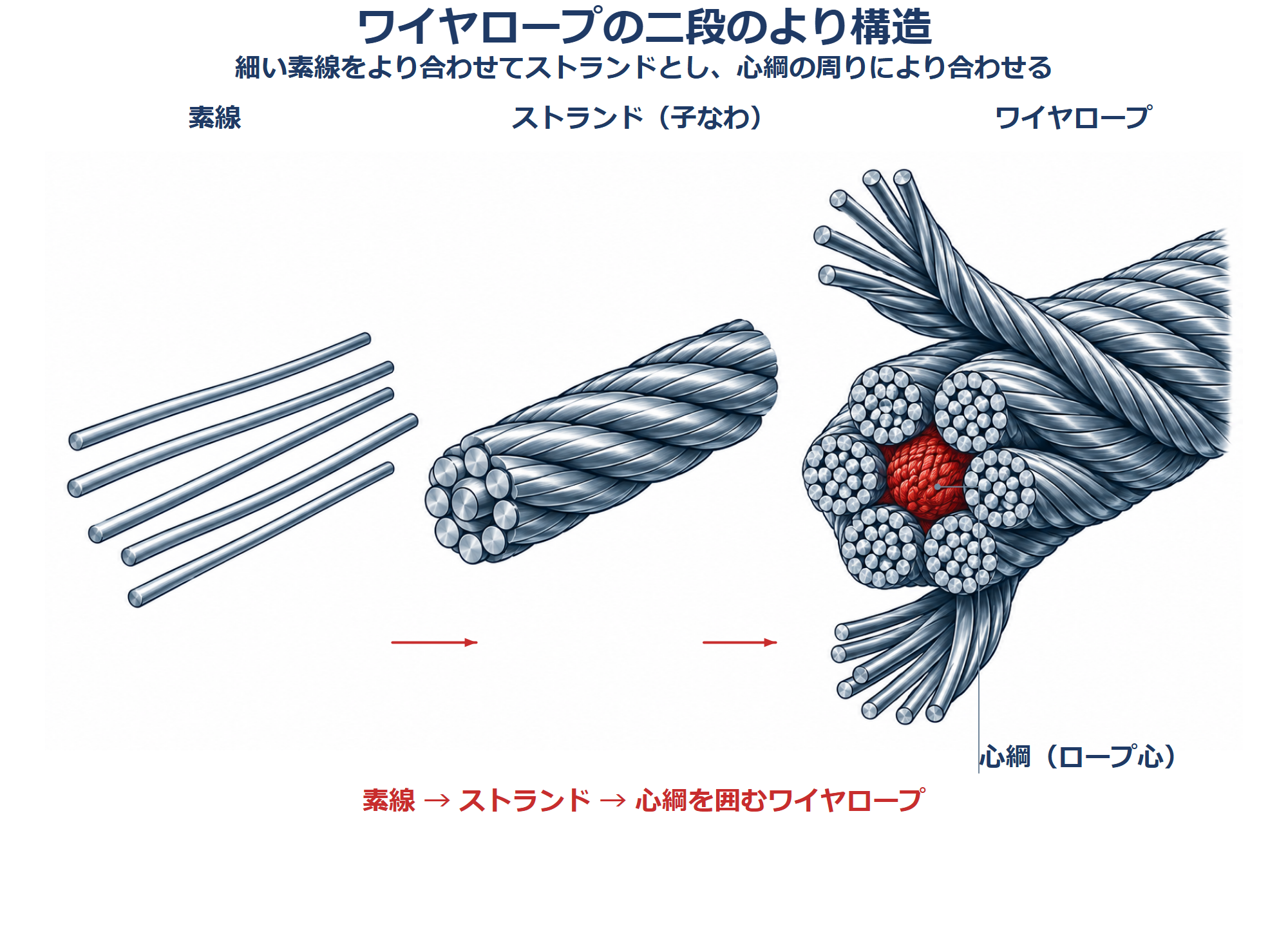 素線からストランド、心綱を囲むワイヤロープになる二段より構造の立体図