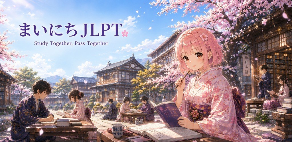 まいにちJLPT ─ Study Together, Pass Together。桜咲く和の町で、みんなで学ぶ